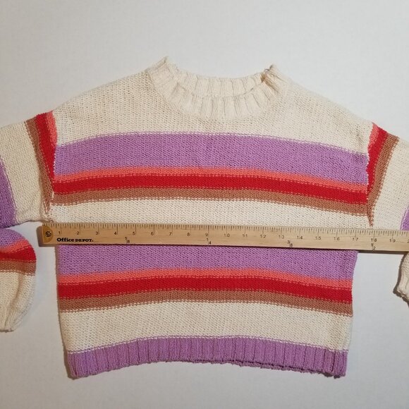 Billabong Striped Knit Sweater Cropped Lavender Orange Crew Neck Top Medium - Picture 7 of 7